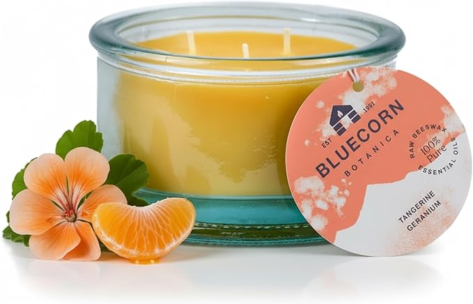 Bluecorn Beeswax 3-Wick Candle, 100% Pure Bees Wax, Tangerine & Geranium Essential Oil Candle Wax, Soy Free, Clean Burning, Long Lasting, Gifts for Women & Men, American Made, 10 Oz
