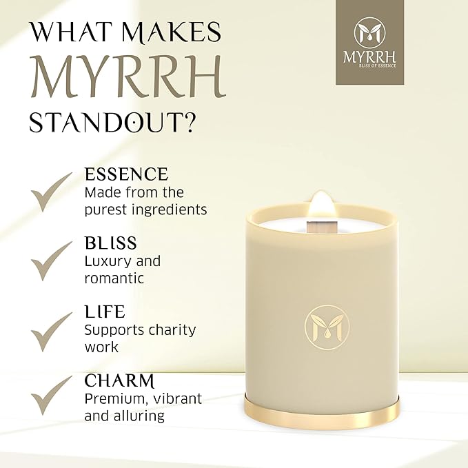 MyrrhUSA Vanilla Almond Scented Candle – 15 oz Natural Soy Wax with Crackling Wooden Wick & Essential Oil | 80 Hour Burn | Luxury Aromatherapy Candle for Relaxation, Home Décor, Living Room & Bathroom