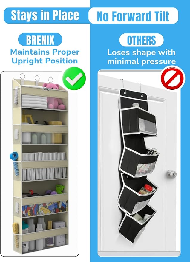 BRENIX Over the Door Organizer with 5 Large Pockets & 10 Mesh Side Pockets – Durable Hanging Storage for Closet, Bathroom, Bedroom, and Nursery– Space Saving Door Storage with Sturdy Metal Hooks.