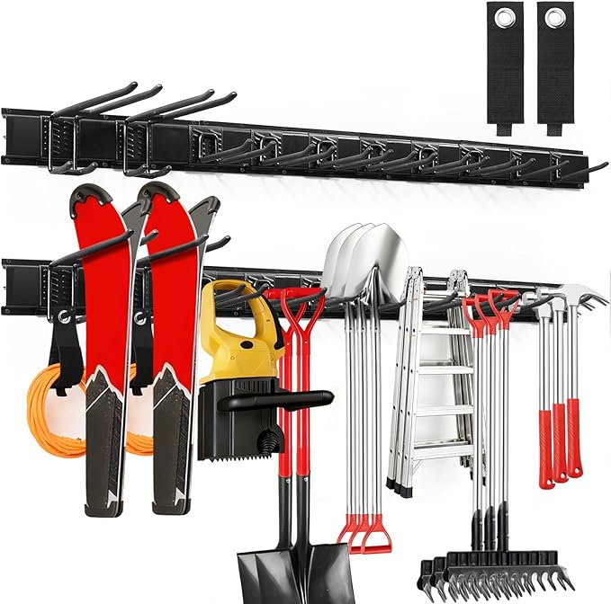 64 Inches Garage Tool Organizer Wall Mount, Tool Storage Rack Wall Mount, Heavy Duty Garden Wall Organizer System for Yard, garage and Shed, Tool Holder for Hanging Rake Snowboard Broom Mop