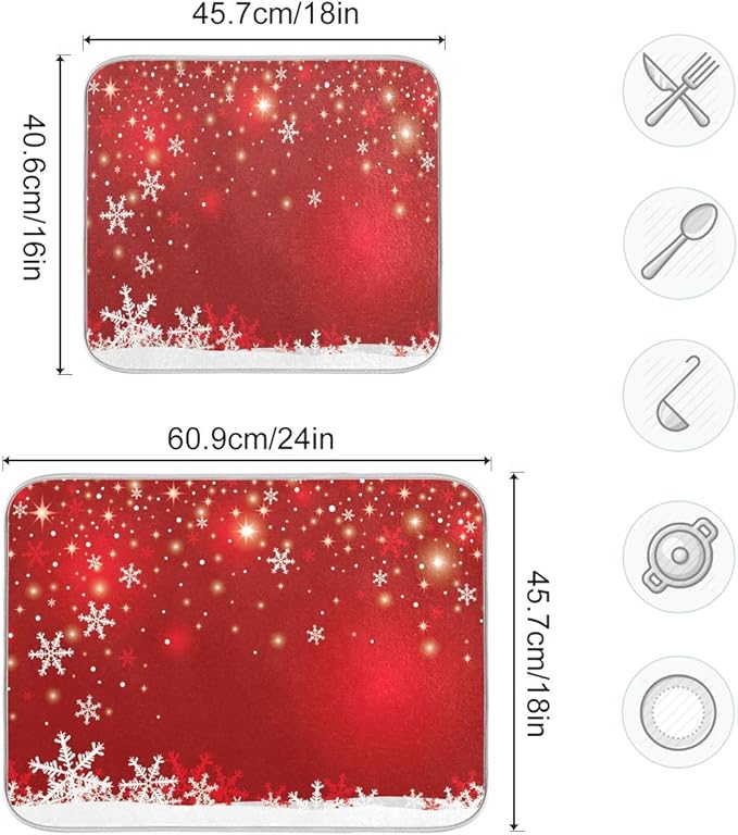 Christmas White Snowflake On Red Background Dish Drying Mat 16x18 inch Dish Drainer Kitchen Counter Mats Bottles Dish Dry Pad Protector for Kitchen Countertops