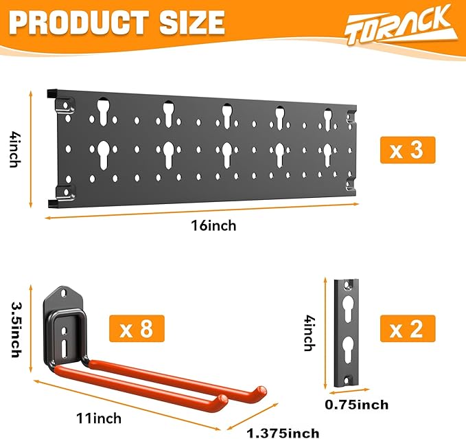 TORACK Garden Tool Organizer Wall Mounted, Garage Folding Chair Storage Rack, Tools Rack for Shovels, Rakes, Broom, Ladders, Hooks for Keyhole Style Shelving Unit(13 pcs)