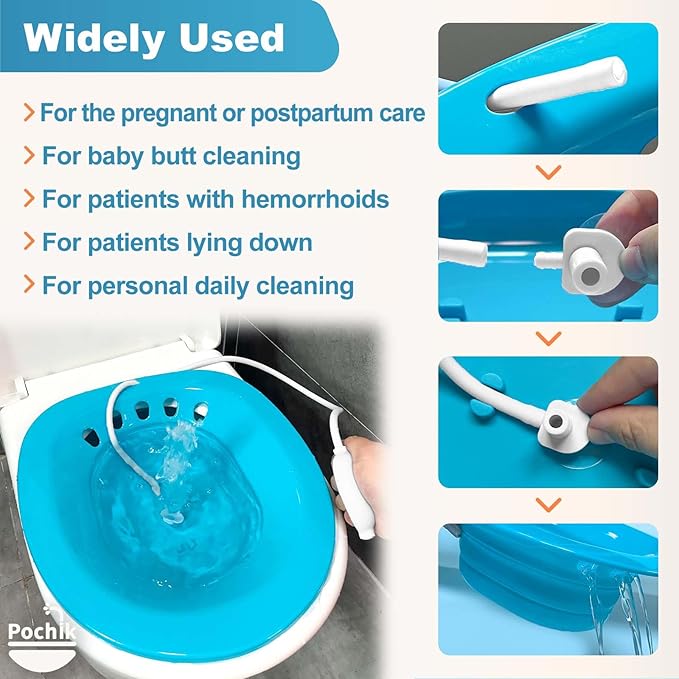 Pochik Sitz Bath for Toilet Seat Hemorrhoids and Postpartum Care, Yoni Steam Seat, Perineal Soaking, Collapsible, Flusher Hose, Drain Holes, Wider Seating Area - Navy