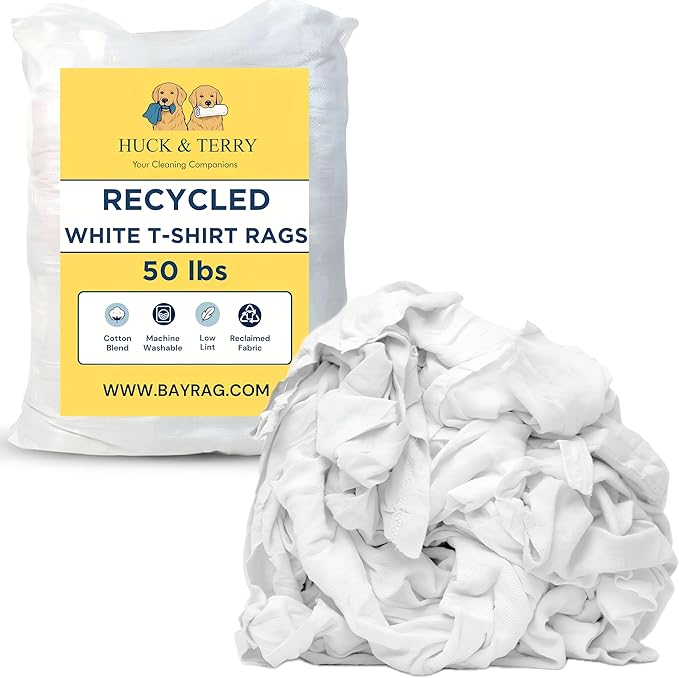 Huck & Terry White T-Shirt Bag of Rags, 100% Recycled Material, Cotton Blend Bar Mop, Reclaimed, Eco-Friendly Cloth, Cleaning & Painting Rags, Lint Free, Highly Absorbent (50 LBS)