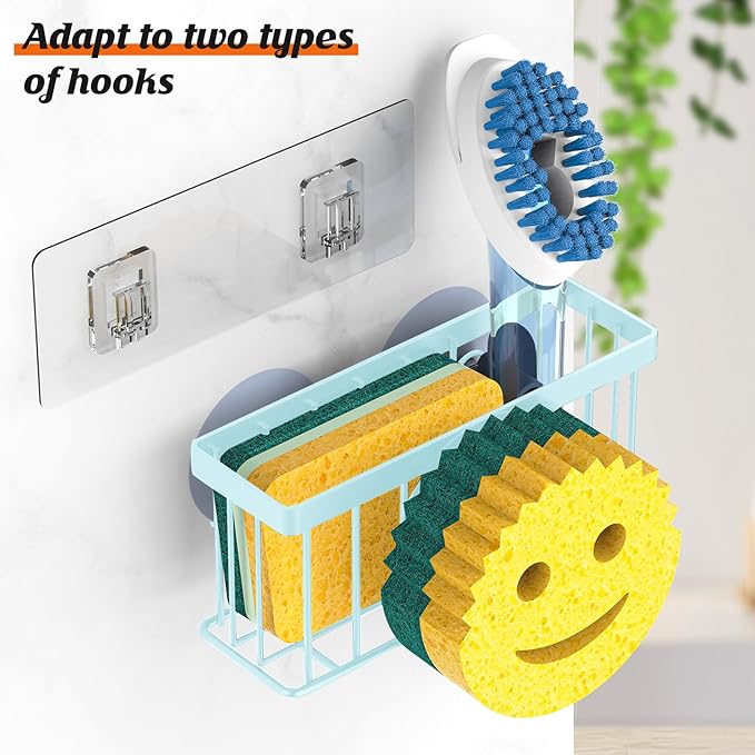 MURLONG Sponge Holder Smiley Face,Sink Caddy for Kitchen Sink,Sponge Holder with 2 PCS Suction Cups/1 PCS Adhesive Strips,Designed for Sponge,Soap,Dish Brush,Scrubber-Blue