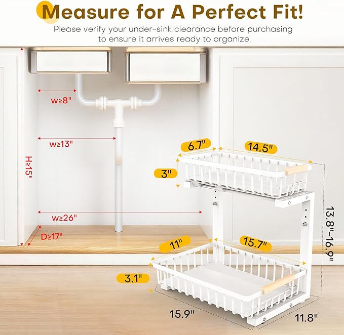 ZELOREA Under Sink Organizer, 2 Tier Pull Out Under-Sink Shelves, Adjustable Height (13.8" -16.9"), Sturdy Metal Storage Organizer for Bathroom Kitchen Pantry Cabinet (2 Packs, White)