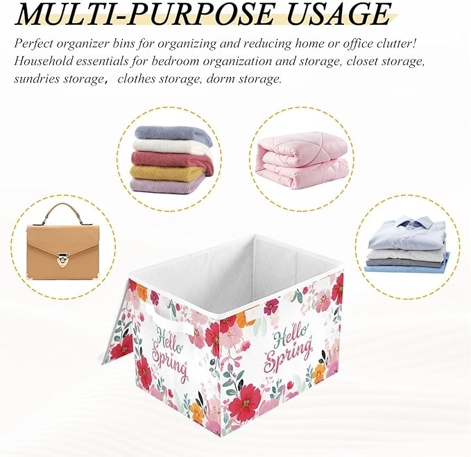 Bolaz Spring Flowers Storage Bins with Lids and Handles, Foldable Storage Box Storage Basket with Cover Collapsible Organizer Containers for Home Closet, Shelves