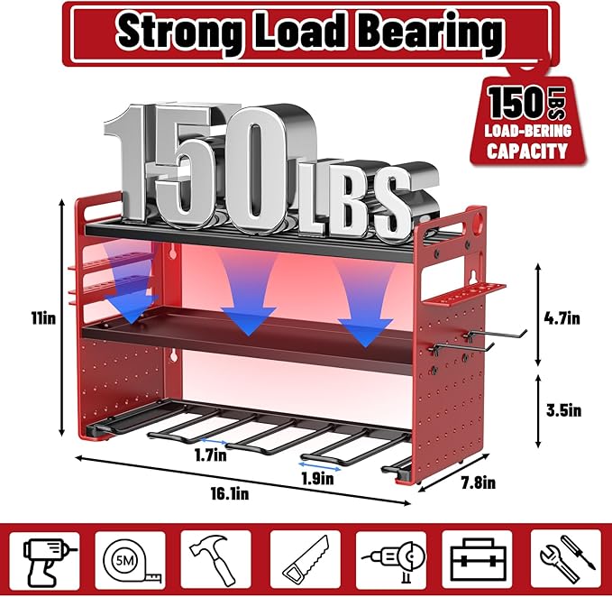 FaloStwer Modular Power Tool Organizer Wall Mount, Garage Drill Storage Shelf with Hooks, Heavy Duty Metal Premium Garage Tool Shelf, Gift for Man Cordless Tool Storage Rack (Red)