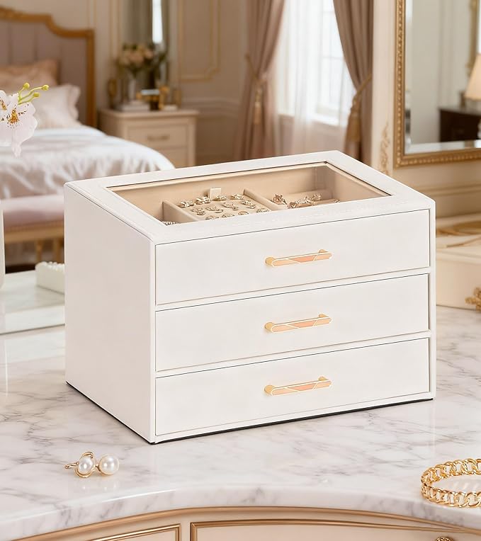 Homde Jewelry Box with Compartments for Women: Big Storage Organizer for Room - Necklace, Earring, Ring Holder for Dresser (White + Pink)