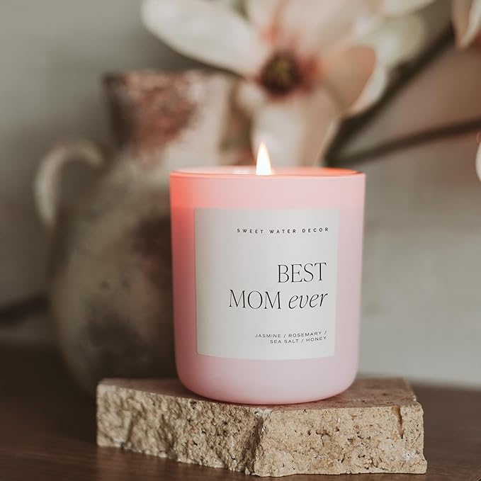 Sweet Water Decor Best Mom Ever Scented Candles - Soy Candles with Lemon, Rosemary, Jasmine, Honey, Violet, Sea Salt, Amber & Musk - Candle Wax with 70 Hours Burn Time - 15Oz Pink Matte Jar Candles