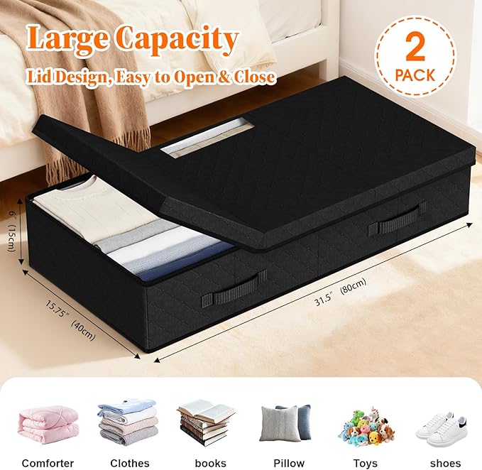 StoreHappily Under Bed Storage Containers with Lids - 2 Pack, Foldable and Stackable Clothes Storage Bags with Clear Window, 3-Sided Handles and Label Slot for Clothing, Blankets, Pillows (Black)