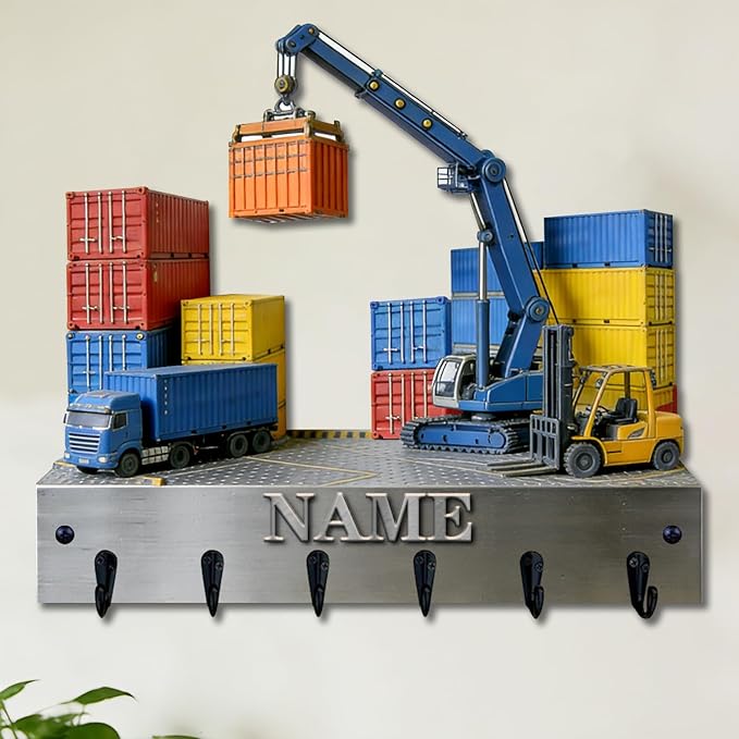 Personalized Wooden 2D Flat Print Container Truck Themed Wall Hooks for Living Room Hallway Office Custom Name Container Crane Coat Rack Port Transportation Key Storage Holder for Women Men Friends