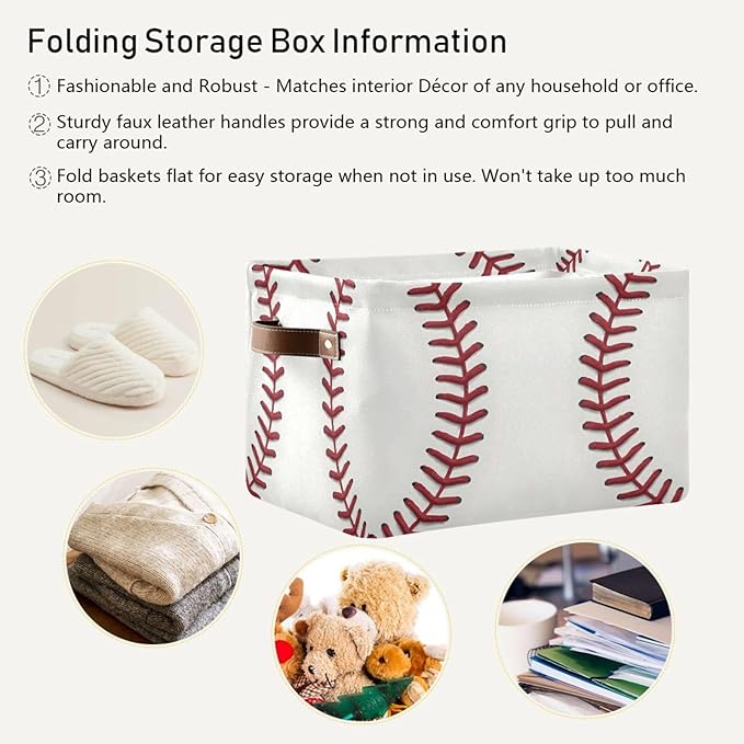 ALAZA Red Lace Baseball Foldable Storage Box Storage Basket Organizer Bins with Handles for Shelf Closet Living Room Bedroom Home Office 2 Pack