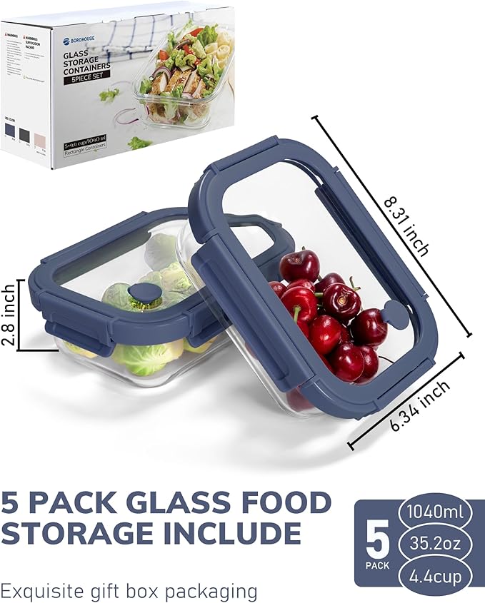 BOROHOUSE 5-Pack Borosilicate Glass Containers with Tempered Lids, 35.2oz/4.4 Cup Airtight Meal Prep Set, Microwave/Freezer Safe (Blue)