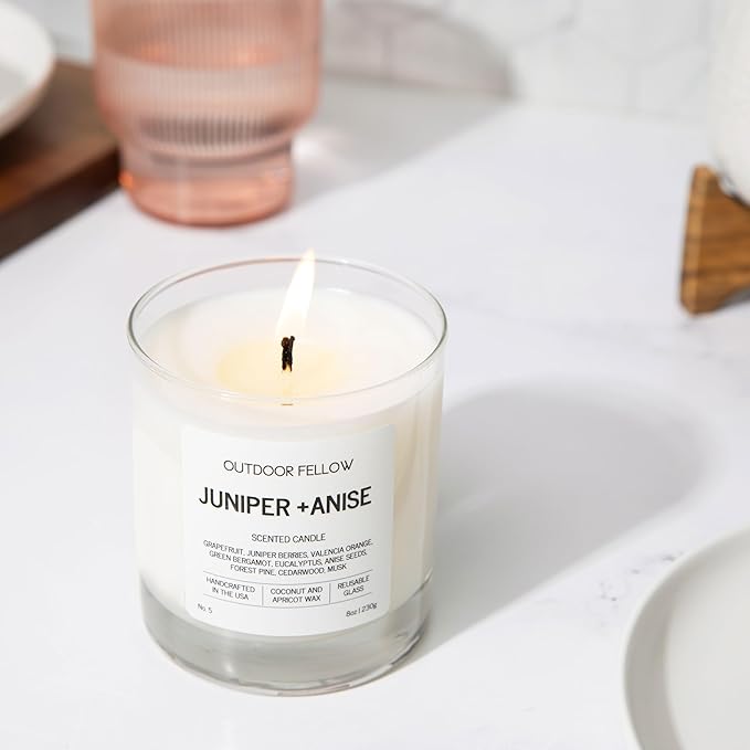 Outdoor Fellow Juniper + Anise Scented Candle, 8oz, Coconut & Apricot Wax Blend, Juniper Berry, Zesty Grapefruit, Citrus Peel, Reusable Glass, 40-50 Hour Burn Time