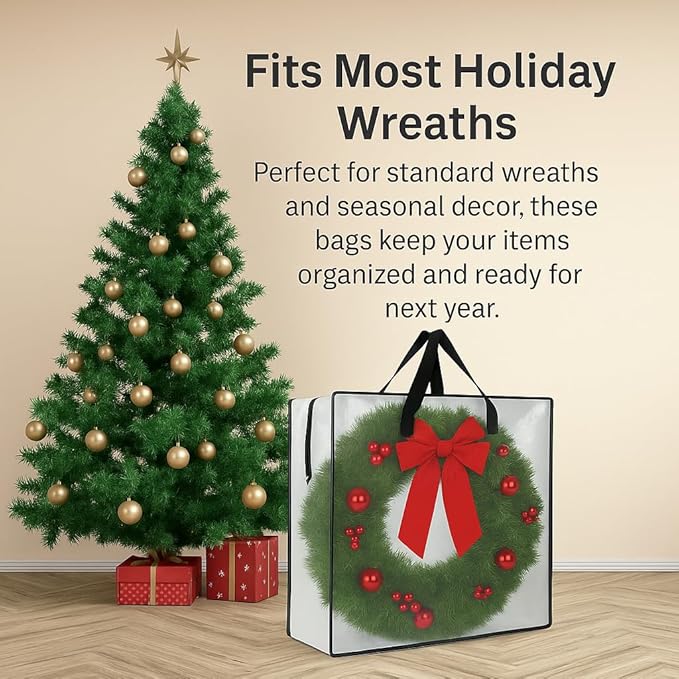 5 Pack Clear Wreath Storage Bag – 26 Inch Square Holiday Garland Organizer with Zipper and Handles – Multi-Purpose Clear Tote for Christmas Decor, Bedding, Clothes, College Moving Supplies
