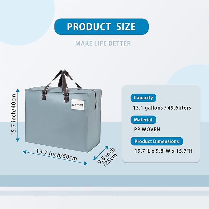 VENO 4 Pack Moving Bags, Christmas Storage Containers, Storage Totes, Zipper On Top, Sturdy, Storage Bags for Camping, Clothes, Bedding, Comforters, Pillows (13 Gallon Light Blue, 4 Pack)