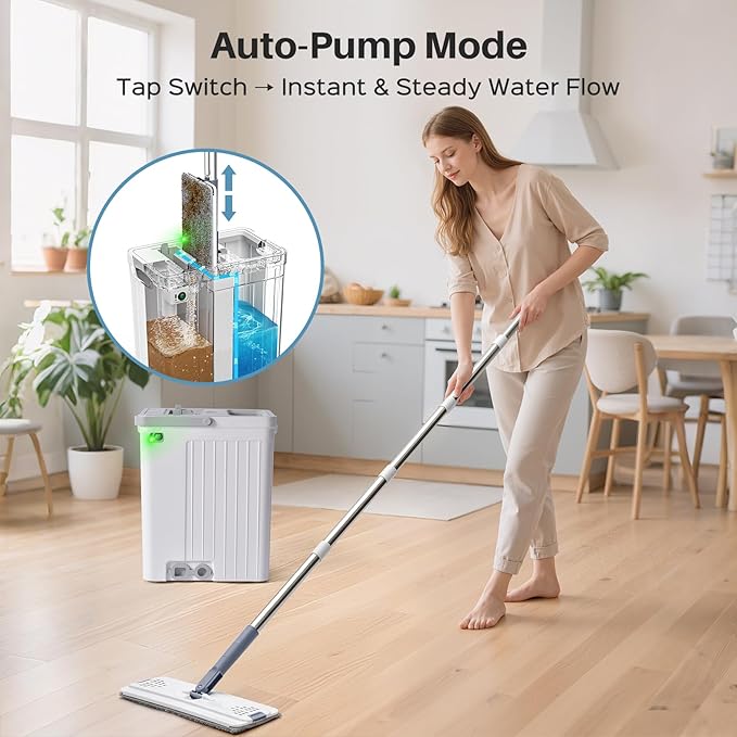 Mop and Bucket Set with AUTO Pump, 3-Zone Separate Dirty and Clean Water Floor Mop, Flat Mop and Bucket System with Wheels and Wringer, 4 Reusable Pads, One-Touch Water Filling for Floor Cleaning