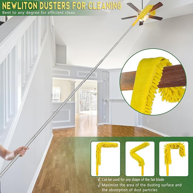 17FT Extendable Duster with 2-9 ft Extension Pole for High Ceilings, Newliton Cobweb Duster for Ceiling Fans Hard-to-Reach Areas, Long Handle Microfiber Dusting Tool for Home Cleaning