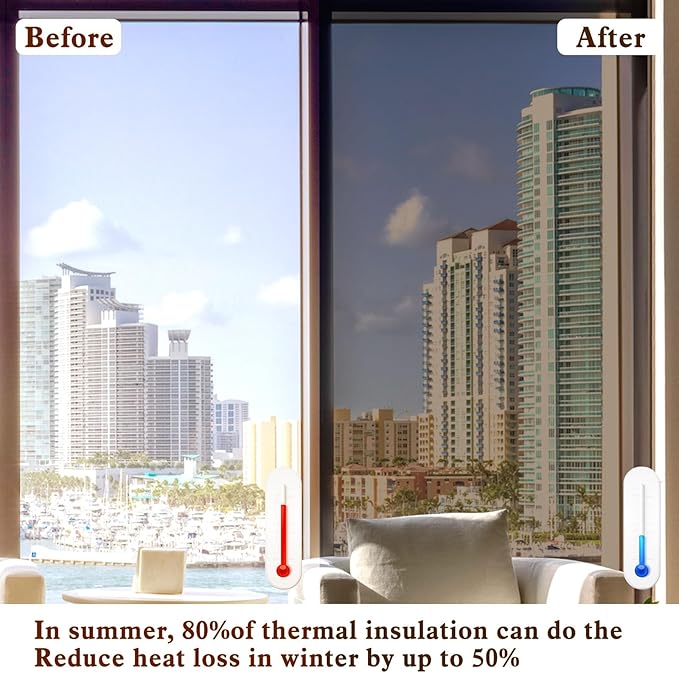 Window Privacy Film One Way Daytime Mirror Tint Treatments UV Heat Control Vinyl Stickers Sun Block Glass Paper Door Covering Reflective 35.4 Inch x 6.5 Feet Brown Silver