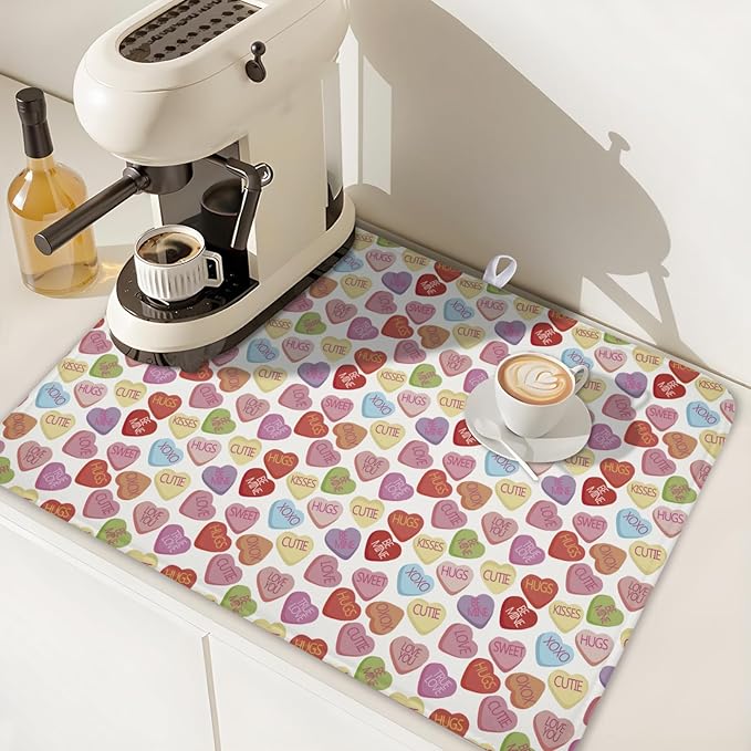 Valentine’s Day Dish Drying Mat for Kitchen Counter 24x18 Inch Colorful Love Drying Mat with Absorbent Reversible Microfiber Holiday Dish Drainer Mats Rack Pad for Coffee Countertop Protector