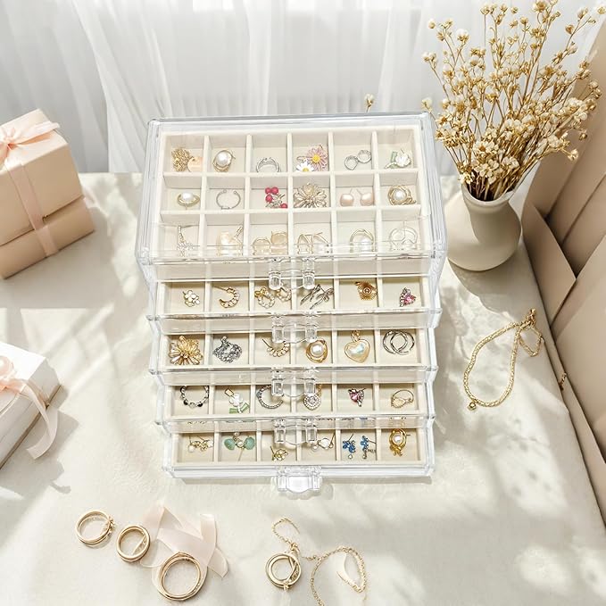 Acrylic Earring Holder Organizer with 5 Drawers Clear Earring Organizer Box with 90 Adjustable Grids Velvet Earring Display Case Jewelry Organizer for Earrings Rings Studs (Beige)
