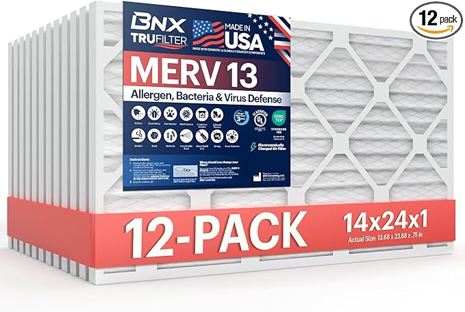 BNX TruFilter 14x24x1 Air Filter MERV 13 (12-Pack) - MADE IN USA - Electrostatic Pleated Air Conditioner HVAC AC Furnace Filters for Allergies, Pollen, Mold, Bacteria, Smoke, Allergen, MPR 1900 FPR 10