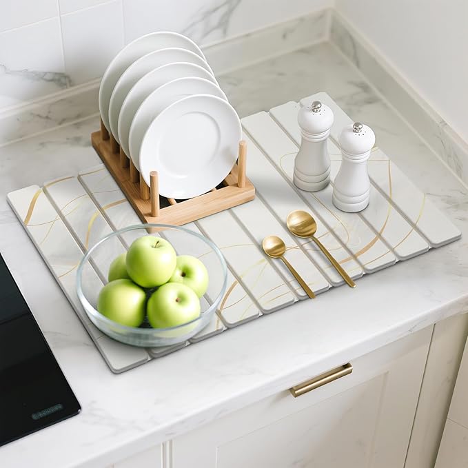 Large Stone Dish Drying Mat for Kitchen Counter, 2PCS 24"×16" & 8“x4" Quick Dry Stone Dishes Mats, Marbled Water Absorbing Diatomaceous Earth Drying Pad for Countertop Bottles Utensils Cups,White Gold