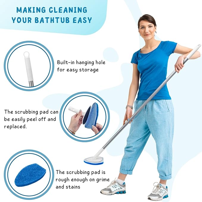 Shower Scrubber, Bathroom Tub and Tile Cleaner Brush with Long Handle, 47'' Bathtub Cleaning Tool with 6 Refill Pads