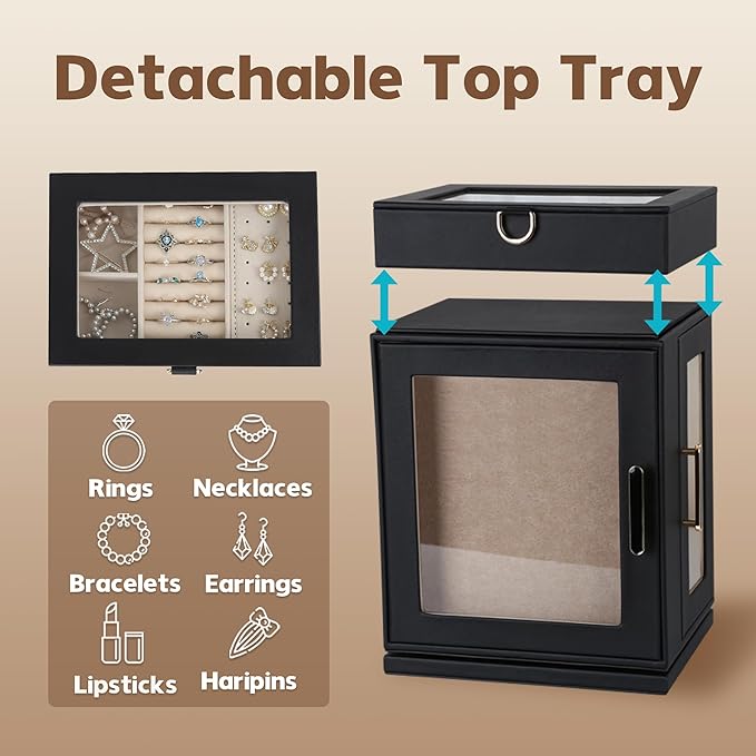 Kendal 360° Rotating Jewelry Box - Black PU Leather Jewelry Organizer with Shadow Box & Pinboard, Detachable Top Tray, Drawers & Push Pins for Personalized Accessory Display & Storage