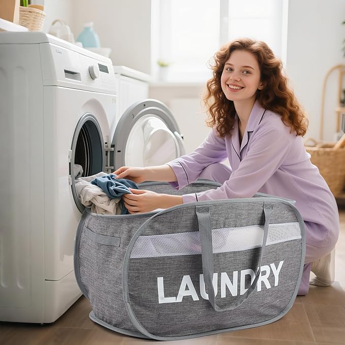 Collapsible Laundry Baskets with Lid, Foldable Clothes Hamper with Reinforced Handles, Sturdy Pop Up Hampers for Laundry, Tear Proof & Easy to Carry Laundry Hamper for Home, Dorm, Travel Grey