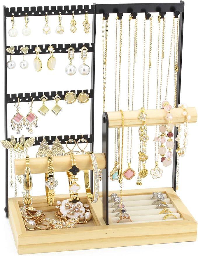 JONKASIPA Jewelry Holder Organizer Jewelry Stand, 4-Tier Necklace Stand Earring Holder with Wooden Tray, Jewelry Rack for Bracelets Watches and Rings Display Stand, Gifts for Women & Girls-Black