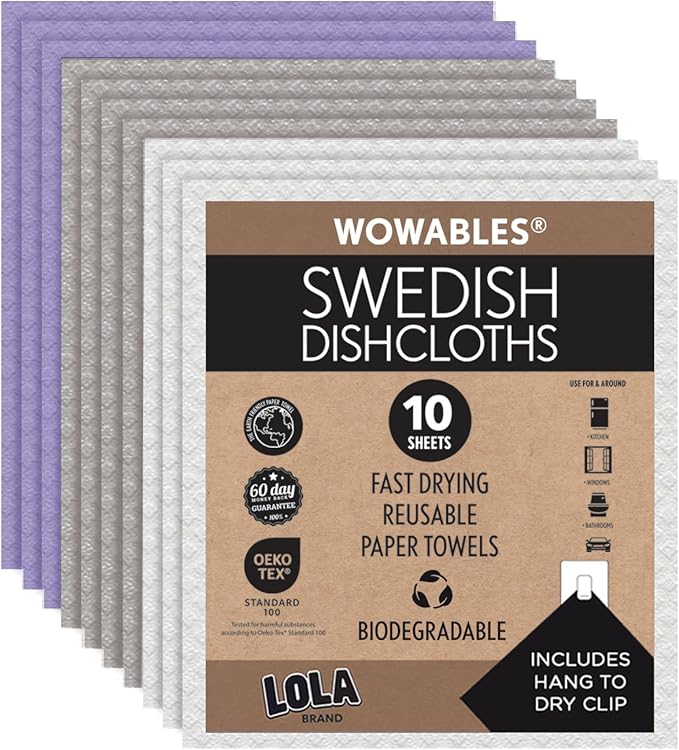 LOLA Swedish Dishcloths for Kitchen 10 Sheets, Biodegradable & Compostable Reusable Paper Towel Cleaning Cloths Zero Waste No Odor Washing Dishes Ultra Absorbent Cellulose Sponge Towel Made in Germany