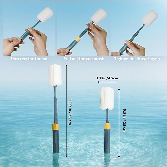 Dishwashing Foam Sponges Brush Telescopic Long Handle Scrubbing Brushes Clean Dishes, Sinks,Cookware,Coffee Glasses Pot Milk Cup Mugs Wine Bottle (4pcs)