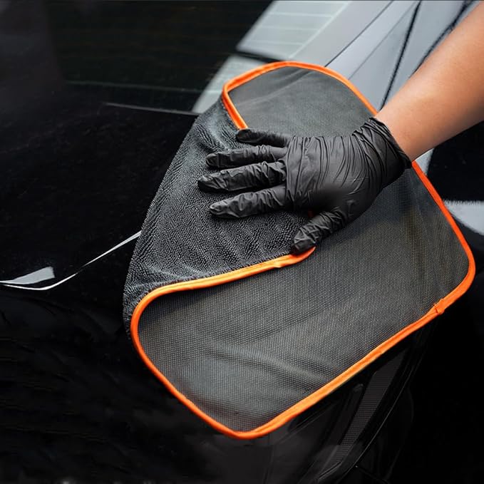 SPTA Microfiber Car Drying Towels, Cleaning Cloth Towels, Twist Pile Rapid Drying Orange Edge Car Microfiber Towels for Car Detailing, Pack of 3, 16.5 x 16.5 Inch, 600 GSM, Gray-MT040