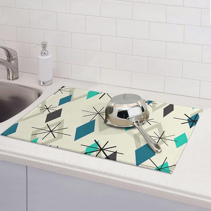 Vintage Mid Century Geometic Dish Drying Mat For Kitchen Counter, Super Absorbent Microfiber Large Dish Drying Pad 18"x24" For Kitchen Dishware Coffee Maker Bar