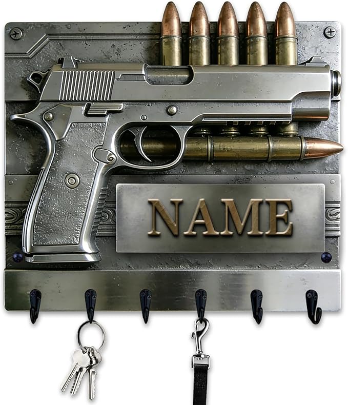 Custom Gun Bullet Themed Wall Hooks for Men Husband Grandpa Dad Personalized Name Pistol Bullet 2D Flat Print Gun Equipment Wall Mounted Key Rack Firearm-Themed Coat Holder for Bedroom Man Cave Carage