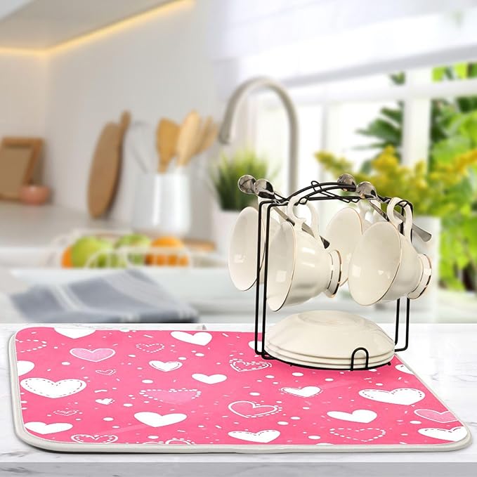 Hot Pink Love Dish Drying Mat for Kitchen Countertop 16x18 Happy Valentine’s Day Heart Small Drying Mat Reusable Quick Dry Dish Sink Mats Easy Clean Decorative Essentials