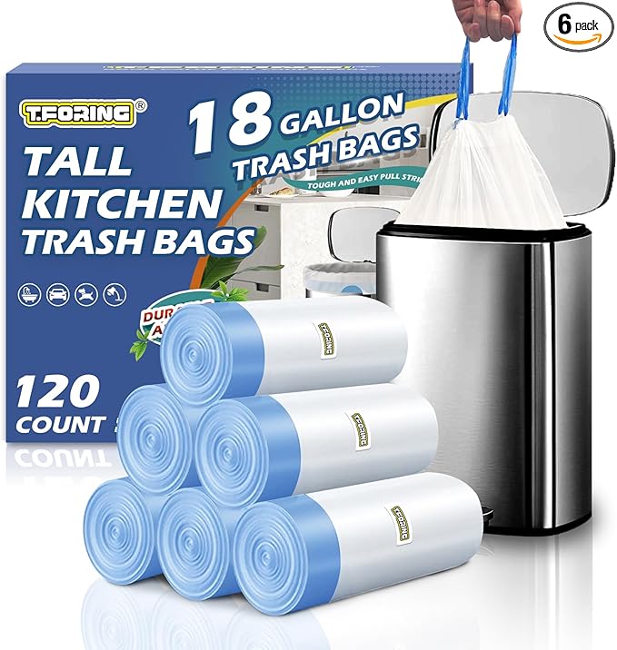 T.FORING 18 Gallon Trash Compactor Bags with Drawstring - 120 Count Heavy Duty 1.7 Mil Garbage Bags 68 Liter Tall Kitchen Bin Liners Unscented White for Home Yard Lawn
