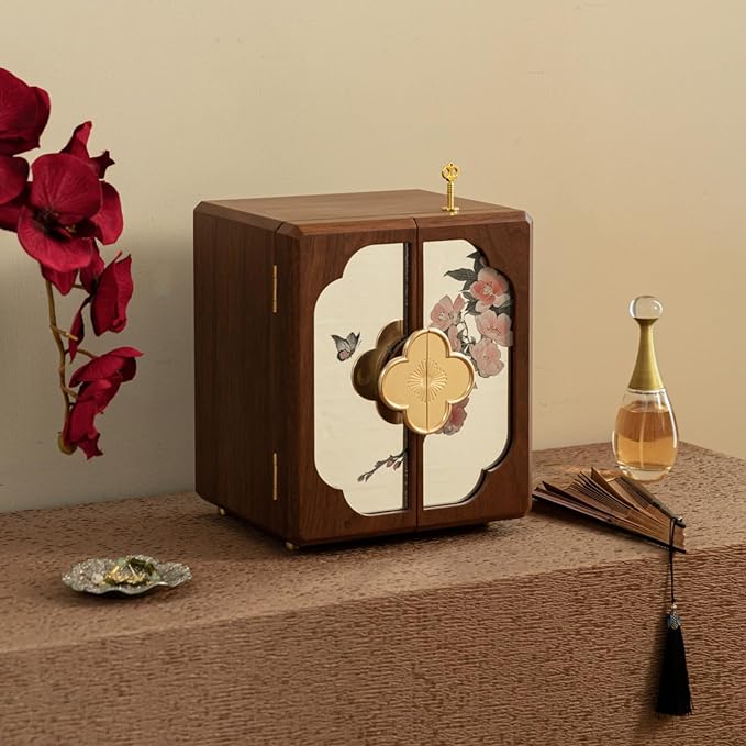 KINTNESS Black Walnut Wooden Jewelry Box with Lock - 5 Layers Large Jewelry Organizer for Women Girls, Flower-Mirror Jewelry Safe with Key for Bracelet, Necklace, Ring, Earring