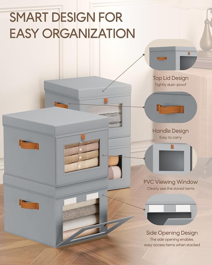 Storage Bins with Lid – Closet Organizer with Side Opening and Clear Window, Foldable Stackable Fabric Basket for Clothes, Home, Office - 13.77" x 11.8" x 9.8", 6 Pack, Grey