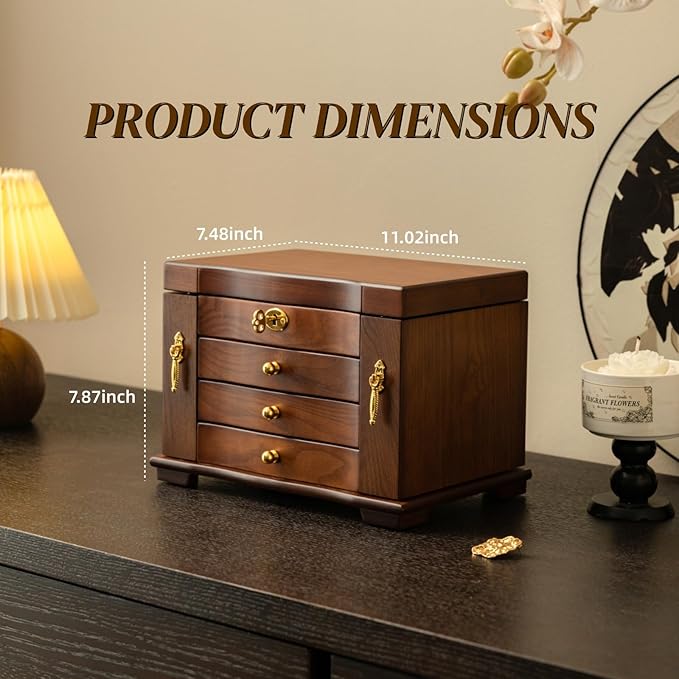 KINTNESS Black Walnut Wooden Jewelry Box with Lock - 3 Drawers Large Jewelry Organizer for Women Girls with 2 Side Storage Space and A Mirror, Jewelry Safe with Key for Bracelet, Necklace, Ring