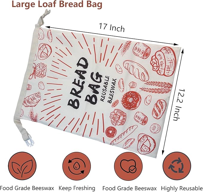 Bread Bags for Homemade Bread- 2 Packs XL Beeswax Bread Bag Reusable Homemade Bread Sourdough Organic Food Storage Bag to Keep Sourdough Fresh