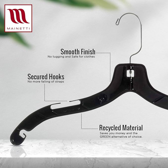 Mainetti 5400 Black Plastic Hangers - 100 Pack with 360 Swivel Metal Hook and Notches for Straps, Great for Shirts/Tops/Dresses/Jackets, 17-Inch