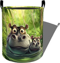 Funny Hippos in Green Jungle Water Laundry Basket with Handles, 19.7"x15.7" Clothes Foldable Laundry Hamper Organizer for Dorm Nursery Bedroom Bathroom Decor, Toy Storage Bin for Kids