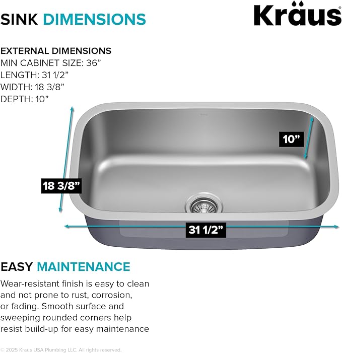 Kraus 31 1/2 Inch Stainless Steel Kitchen Sink, Durable 18 Gauge Single Bowl Kitchen Sinks Undermount, KBU14