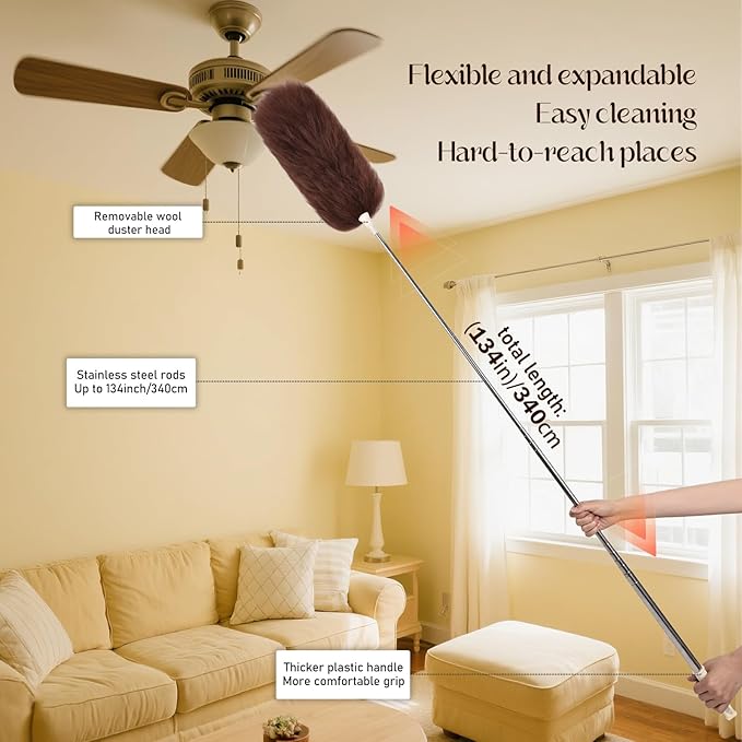 iHUFeather Extendable Lambswool Duster Stainless Steel Handle 133" Removable Feather Duster for Cleaning Ceiling Fans Interior Roof Furniture, Brown