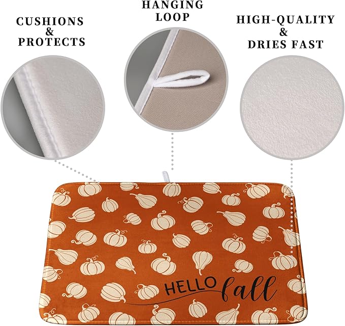 Kwlegh Hello Fall Drying Mat for Kitchen Counter Autumn Orange Pumpkin Dry Dish Mat Thanksgiving Absorbent Microfiber Dish Draining Washable Dish Drainer Rack Mat 16x18 Inch