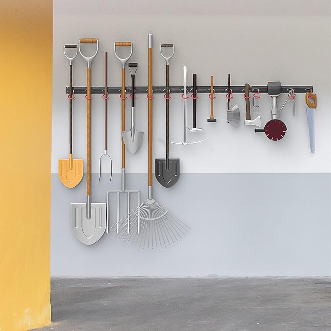 WALMANN All Metal 64 Inch Wall Mount Garden Tool Organizer for Garage, Mop and Broom Holder, Yard Tool Storage Rack for Rake, Shovel, Spade, Mop, Broom(4 Rails, 16 Hooks)