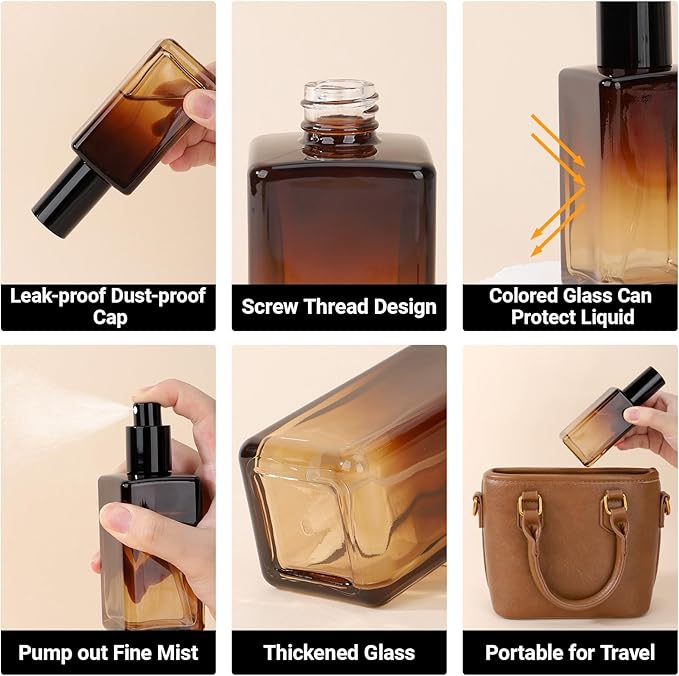 Segbeauty 3.4oz Amber Glass Spray Bottles Refillable Perfume Atomizer, 2pcs Fine Mist Travel Glass Empty Bottle Sprayer for Hair, 100ml Perfume Travel Spray Bottles for Toiletries Cosmetic Containers
